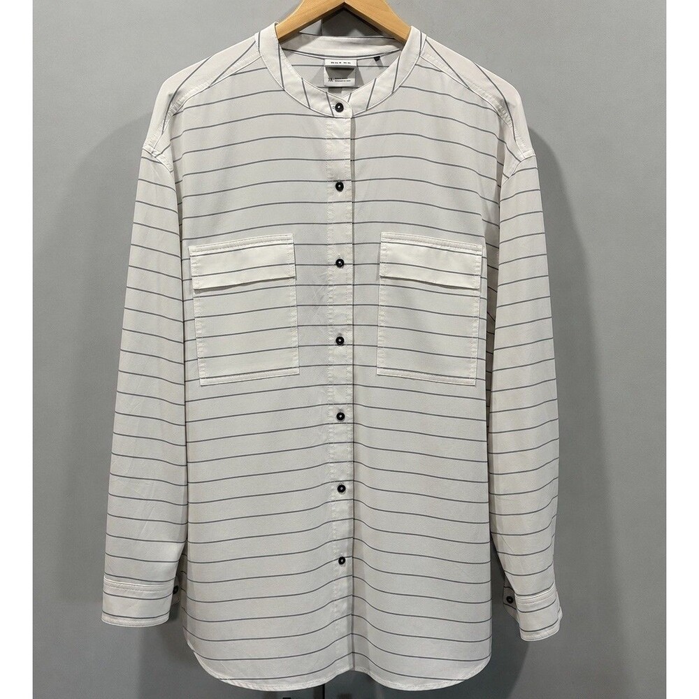prAna Womens Railay Tunic Top XL White Stripe Long Sleeve Button Up UPF 50+